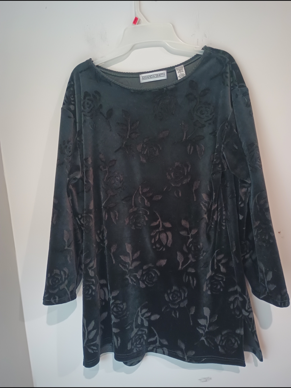 Amanda Smith Black Devore Velvet Rose Floral Top Blouse L Large Goth Y2K